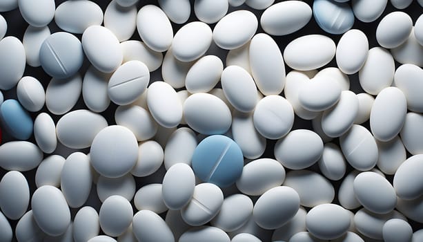 White pills on blue background. High quality photo