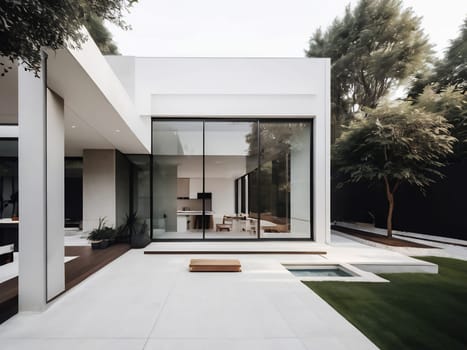 Minimalist modern house with outdoor living space and swimming pool. Contemporary urban living concept. Generative AI.