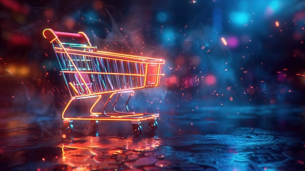 A shopping cart stands in front of a vibrant neon light display, representing the concept of sales and Black Friday shopping. The lights illuminate the area, creating a striking contrast against the dark surroundings.