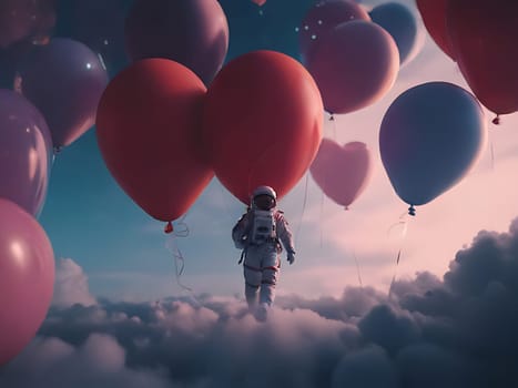 An astronaut landed on rocky planet and surrounded by red heart shaped balloons. Generative AI.