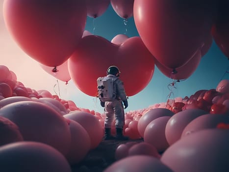 An astronaut landed on rocky planet and surrounded by red heart shaped balloons. Generative AI.