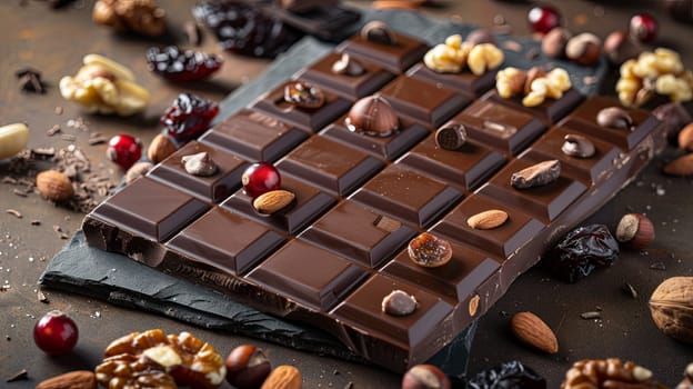 Detailed close up of a chocolate bar filled with assorted nuts and dried fruits.