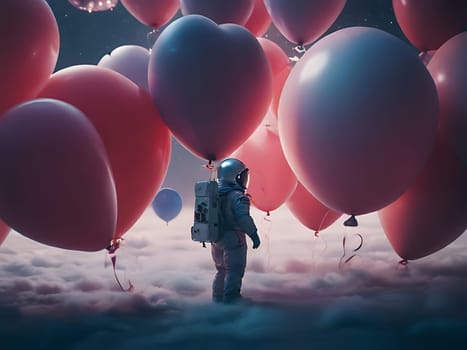 An astronaut landed on rocky planet and surrounded by red heart shaped balloons. Generative AI.