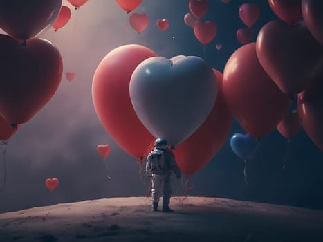 An astronaut landed on rocky planet and surrounded by red heart shaped balloons. Generative AI.