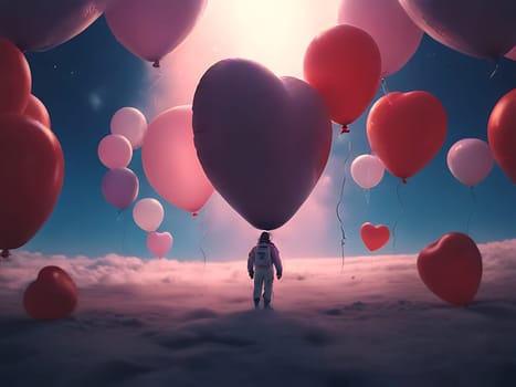 An astronaut landed on rocky planet and surrounded by red heart shaped balloons. Generative AI.