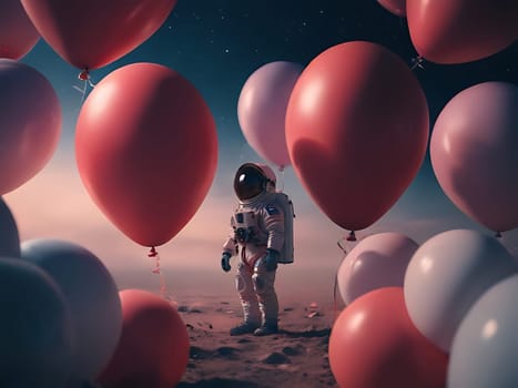 An astronaut landed on rocky planet and surrounded by red heart shaped balloons. Generative AI.