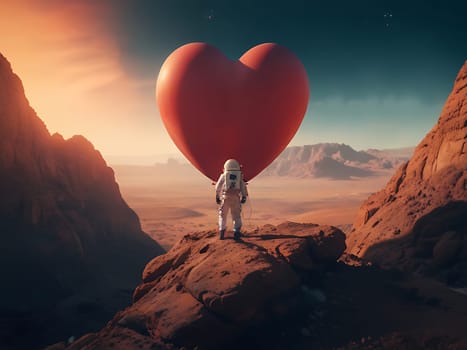 An astronaut landed on rocky planet and surrounded by red heart shaped balloons. Generative AI.