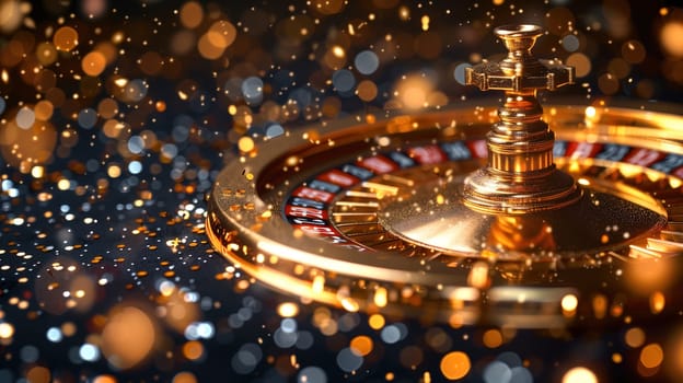 A golden casino wheel is prominently featured in the foreground, with its reflective surface catching the light. The background is intentionally blurred, focusing the viewers attention on the intricate details of the wheel.