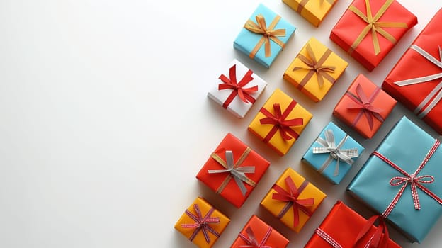 Multiple wrapped presents in varying sizes and colors are arranged in a group next to each other, symbolizing a sale concept or potentially a Black Friday promotion.