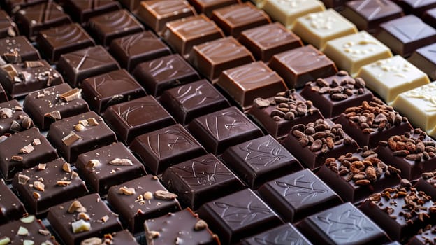 Detailed view of assorted chocolate bars in various flavors and types, neatly arranged with rich colors.