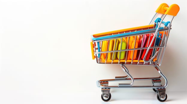 A shopping cart brimming with a variety of vibrant and colorful items, such as clothes, toys, electronics, and household goods. The cart is packed to the brim, showcasing a diverse selection of products.