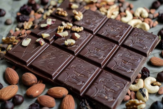 Detailed view of a chocolate bar surrounded by assorted nuts and dried fruits, creating a rich and appetizing composition.