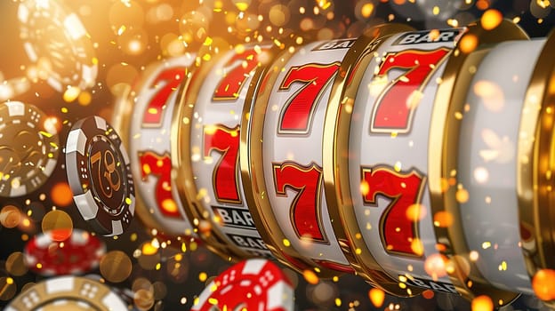 A slot machine surrounded by stacks of colorful casino chips, depicting a vibrant and exciting gambling atmosphere in a casino setting.