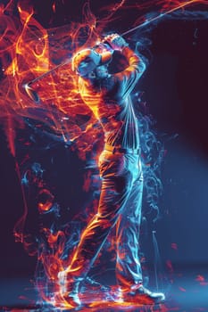 A man in a golf outfit is swinging a club in a fiery explosion. Concept of excitement and intensity, as if the man is in the midst of a thrilling golf game