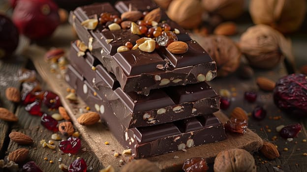 A stack of chocolate bars topped with a variety of nuts and cranberries, creating a rich and appetizing display.