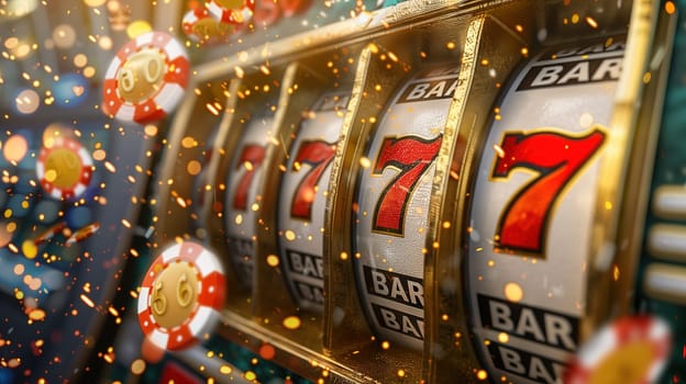 A slot machine with three reels, each displaying a red lucky number seven symbol. The machines lights are flashing, and it is ready to be played in a casino setting.