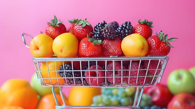 A metal basket brimming with an assortment of fresh, vibrant fruits such as apples, oranges, bananas, grapes, and strawberries. The fruits are neatly arranged and overflowing from the basket, creating a colorful and appetizing display.