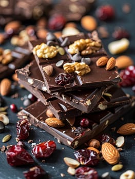 A stack of chocolate bars adorned with nuts and cranberries, showcasing rich textures and a delectable combination.