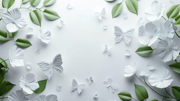 A cluster of white flowers with delicate green leaves set against a clean white background. The composition showcases the beauty and simplicity of nature in a minimalist design.