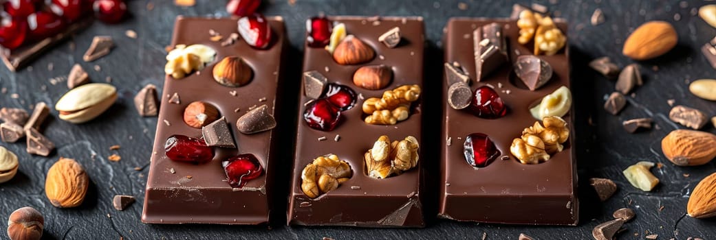 Three pieces of chocolate bars topped with nuts and cranberries, showcasing rich textures and natural ingredients.