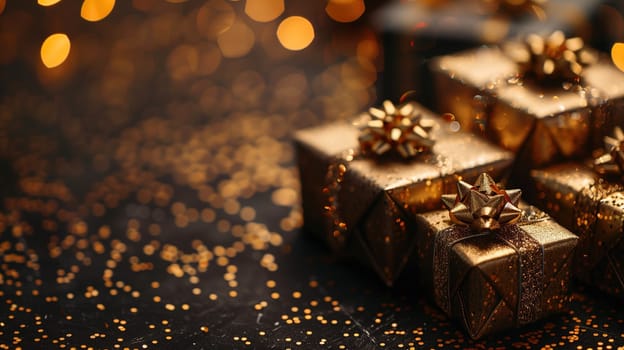 A group of shiny gold presents sitting neatly on top of a table. These gifts are likely part of a sale or Black Friday promotion, awaiting eager shoppers.