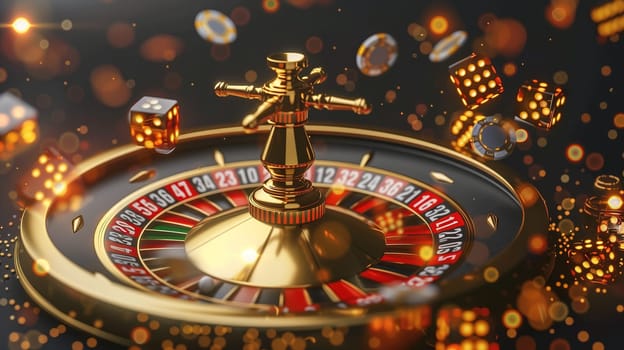 A close-up displays a spinning roulette wheel, numbers and colors blurred in motion, amidst a backdrop of glimmering lights and airborne dice. The vibrancy of bokeh lights creates an atmosphere of excitement typically found in late-night casino gaming floors.