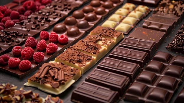 A selection of various chocolate bars accompanied by fresh raspberries on a display.