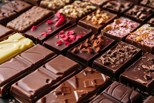 Close up view of a variety of chocolate bars with different flavors and types neatly arranged.