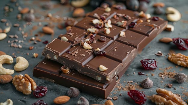 Detailed view of a chocolate bar filled with various nuts and dried fruits, showcasing rich textures and appetizing qualities.