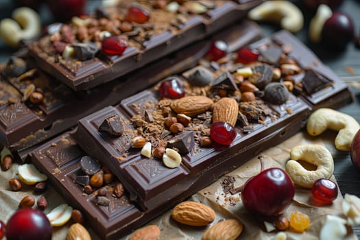 Detailed close-up of a chocolate bar with nuts and dried fruits, showcasing rich textures and natural ingredients.