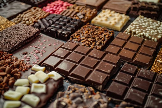 Various types of chocolate bars displayed on a table, showcasing a range of flavors and textures.