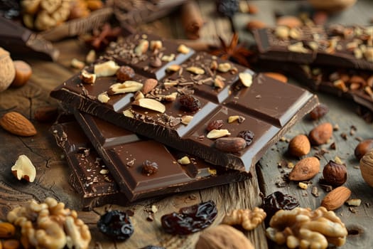 Detailed close-up of a chocolate bar filled with assorted nuts, creating a rich and appetizing texture.