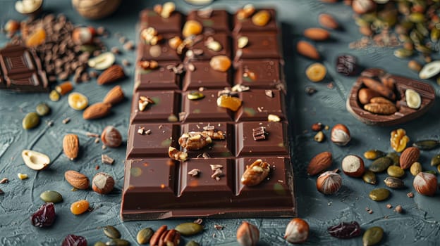 Rich chocolate bar adorned with crunchy nuts and dried fruits resting on a wooden table.