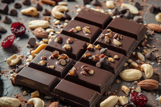 Detailed close up of a chocolate bar filled with assorted nuts, creating a rich and appetizing texture.