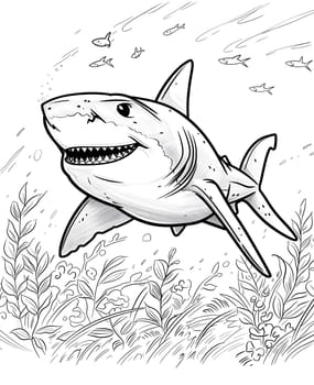A cartoon black and white drawing of a Requiem shark from the Lamnidae family swimming in the ocean with its jaw open, showing a shark smile, fins, in the style of Carcharhiniformes