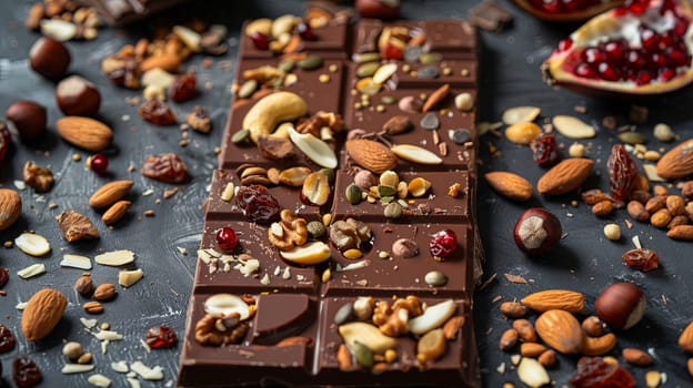 A bar of chocolate topped with a variety of nuts and dried cranberries for a delicious and enticing treat.