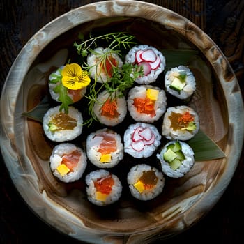 A dish of sushi, featuring a California roll made with white rice and various ingredients, topped with a vibrant yellow flower. A beautiful and delicious addition to any cuisine