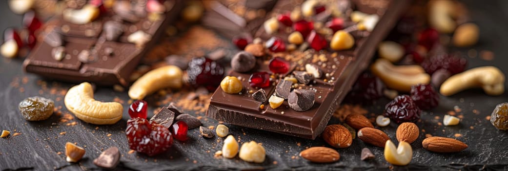 Detailed close up of a chocolate bar loaded with nuts and cranberries, showcasing rich textures and natural ingredients.