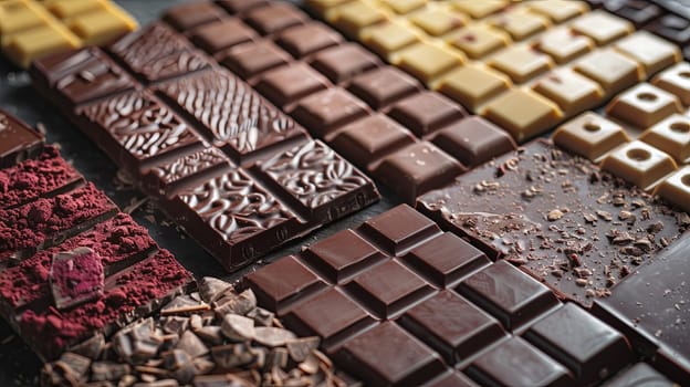 Various chocolate bars stacked on top of each other showcasing different flavors and types.
