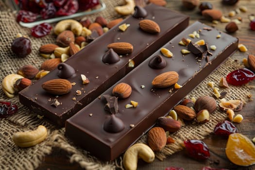 Two pieces of chocolate with nuts and dried cherries on a table.