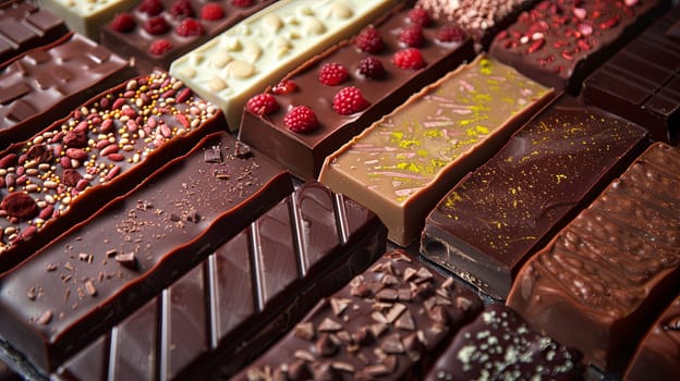 Diverse selection of rich chocolate bars topped with fresh raspberries and various toppings.