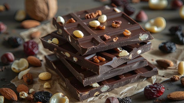 Detailed view of a stack of mouth-watering chocolate bars topped with nuts and dried fruits, showcasing rich textures and natural ingredients.