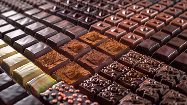 Close up of various types of chocolates neatly arranged, showcasing a diverse range of flavors and types.