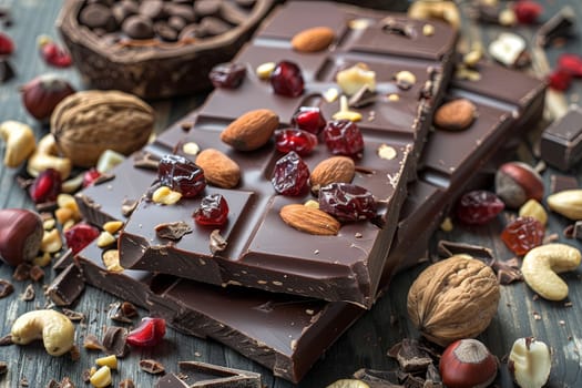 Detailed close up of a chocolate bar featuring nuts and cranberries for a natural and appetizing look.