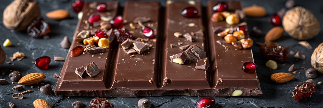 A bar of chocolate filled with nuts and cranberries, showcasing rich textures and natural ingredients.