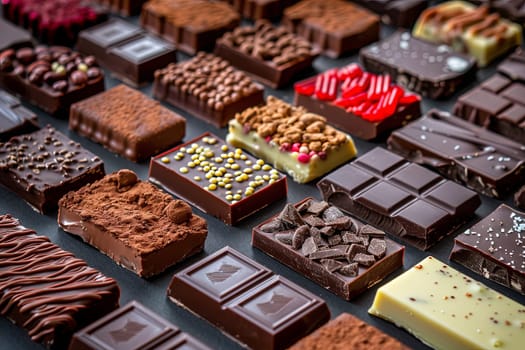 Various types of chocolate bars neatly arranged on a table, showcasing a variety of flavors and types.