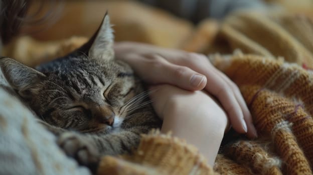 A person gently petting their cat and is comfortable curled up on their lap, A cat lying with owner, Love for cat.