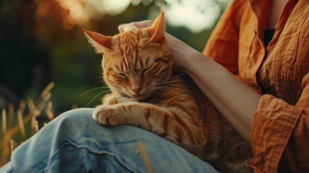 A person gently petting their cat and is comfortable curled up on their lap, A cat lying with owner, Love for cat.