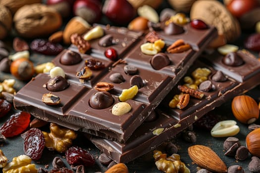 A detailed close-up of a chocolate bar filled with nuts, showcasing rich textures and natural ingredients.