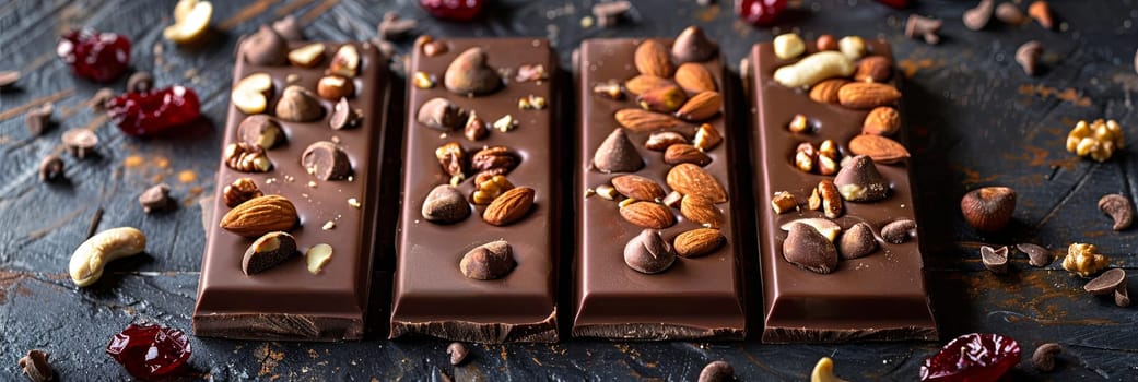 Assorted chocolate bars topped with nuts and cranberries, creating a delicious and appetizing display on a wooden table.